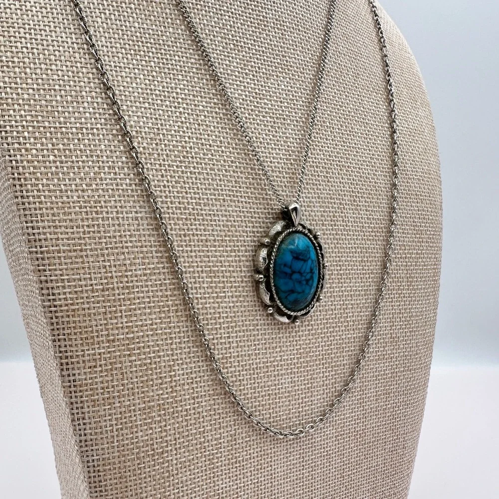 Vintage 90s Silver Tone Turquoise Matrix Filigree Pendant Necklace